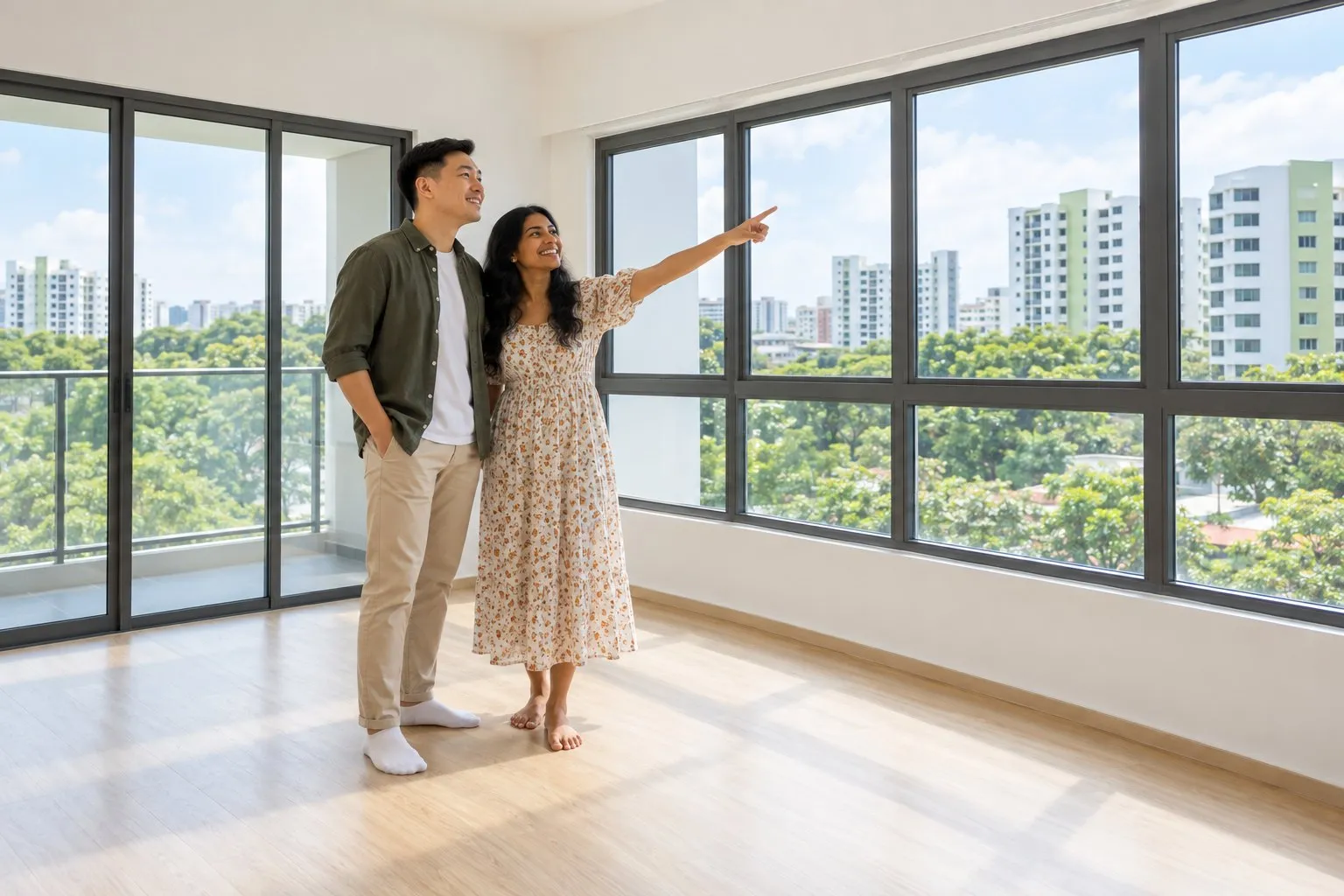A couple viewing a bright, empty rental apartment in Singapore