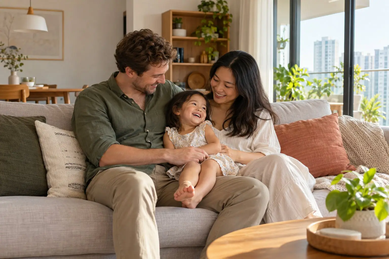 A family relaxing together in a bright Singapore apartment