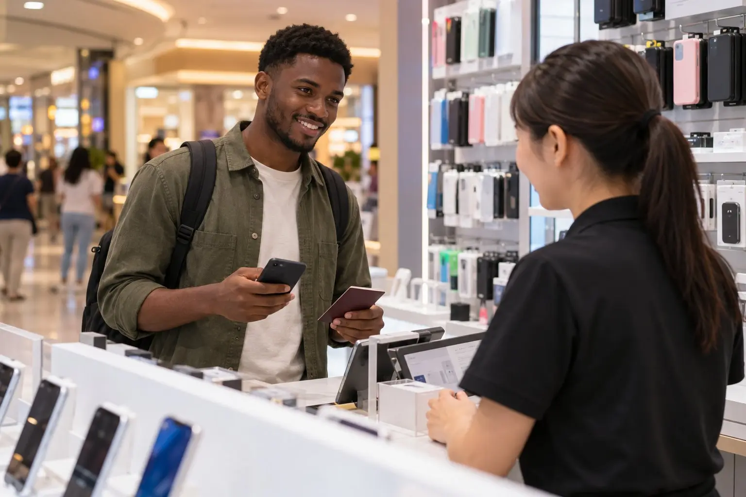 A newcomer holding a phone and passport at a bright mobile shop counter