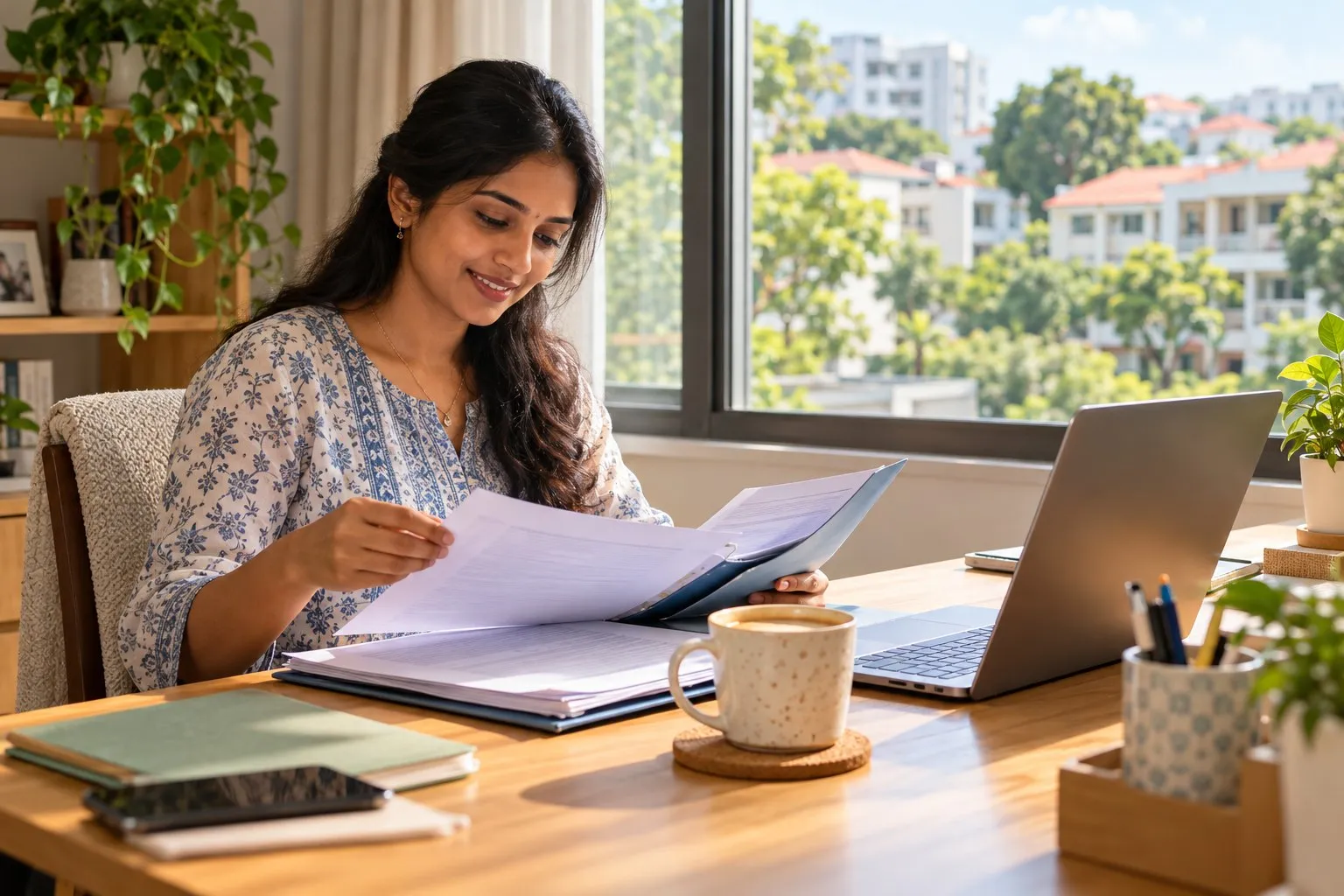 A newcomer reviewing work-pass paperwork at a sunny home desk