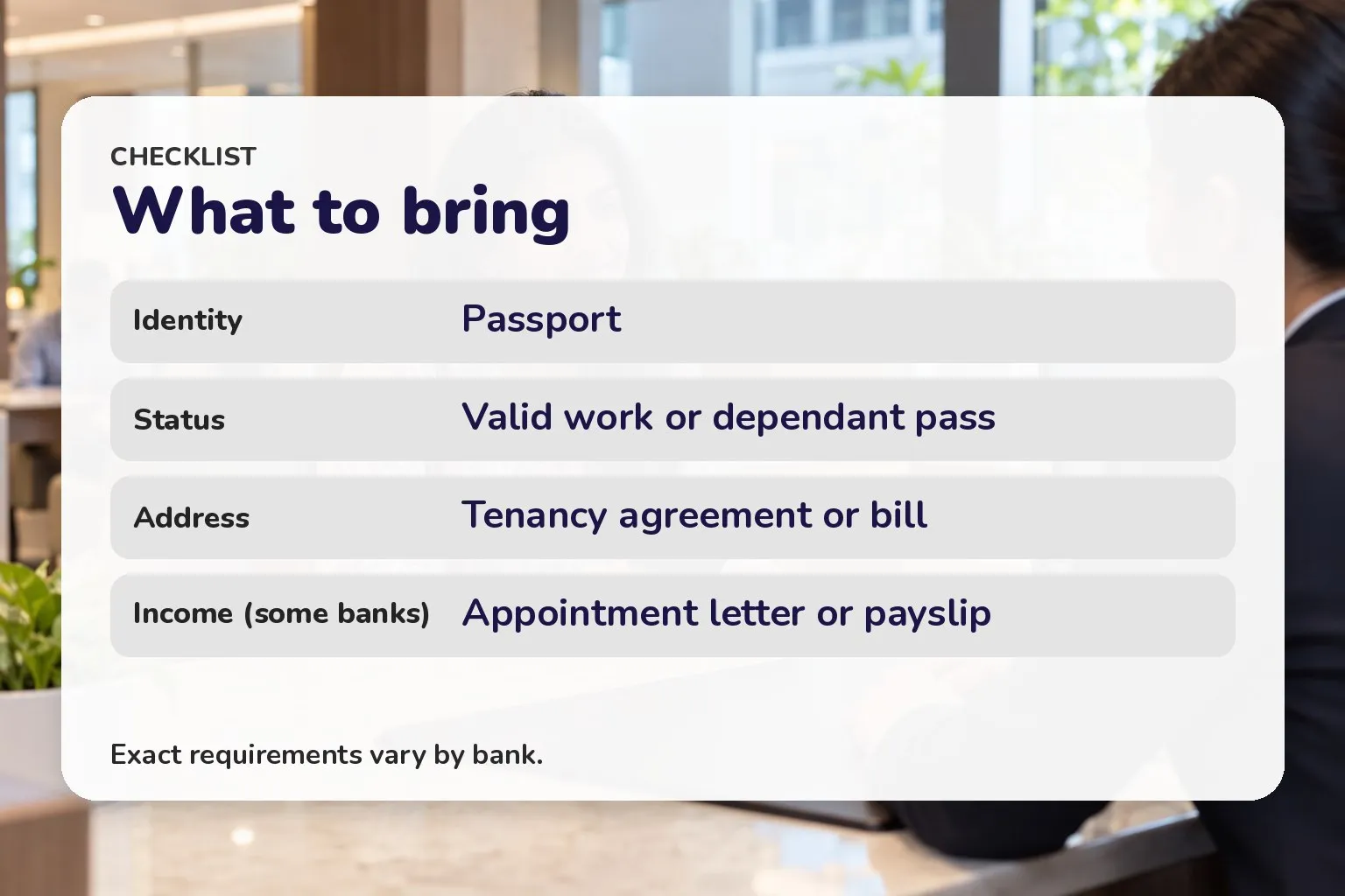Checklist card: passport, valid work or dependant pass, proof of local address, and for some banks proof of income