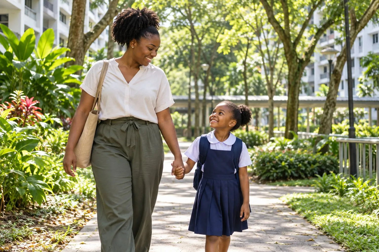 A parent and child walking to school along a leafy Singapore estate path