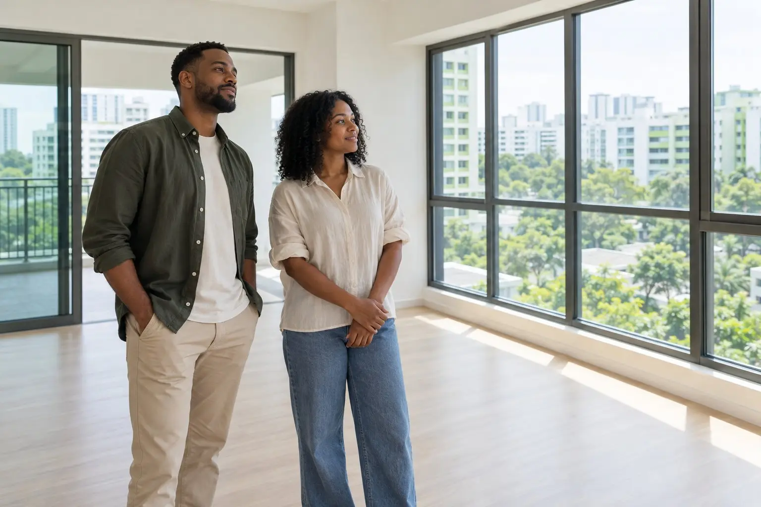 A couple viewing a bright, empty rental apartment in Singapore